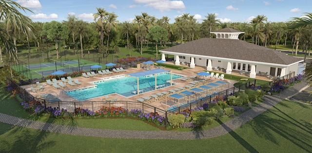 community pool with a gazebo, fence, and a patio