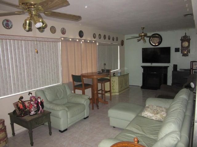 living room with ceiling fan