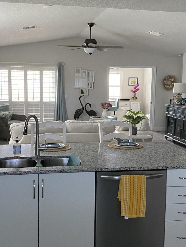 kitchen featuring stainless steel dishwasher, vaulted ceiling, sink, and a textured ceiling