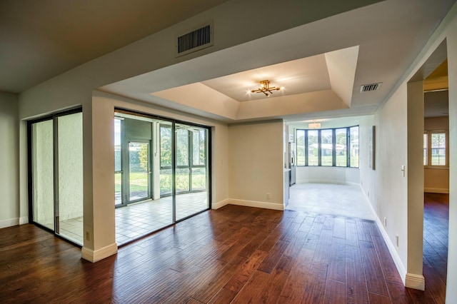 empty room featuring a raised ceiling and dark hardwood / wood-style flooring