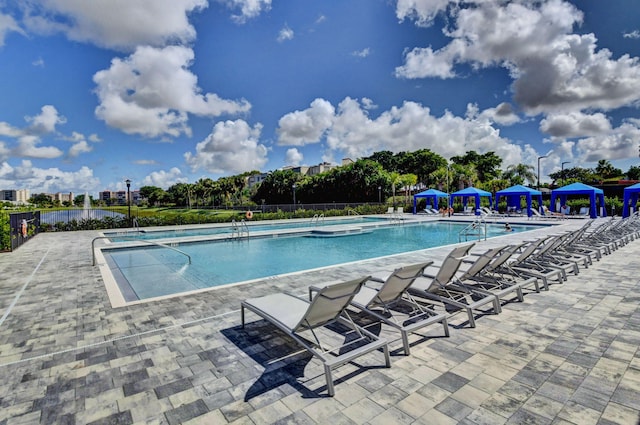 view of swimming pool featuring a patio area