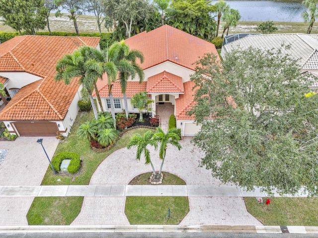 aerial view featuring a water view