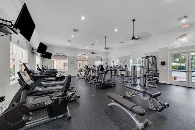 exercise room featuring french doors, ceiling fan, and crown molding