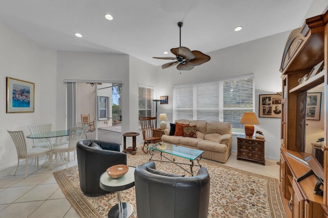 tiled living room featuring ceiling fan