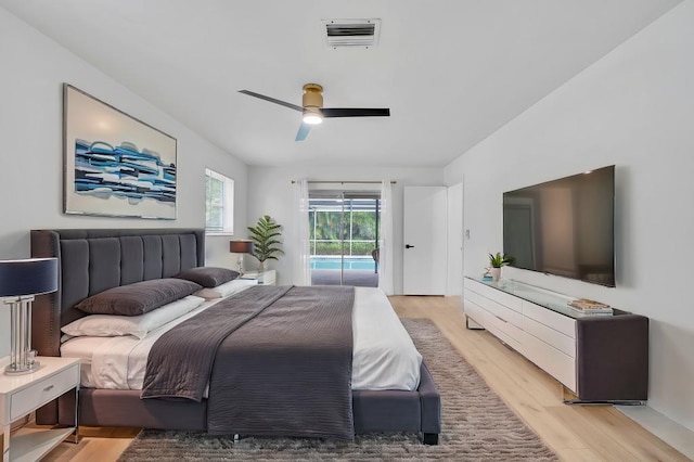 bedroom with ceiling fan, access to outside, and light wood-type flooring