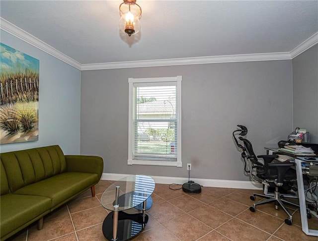 tiled office space featuring ornamental molding