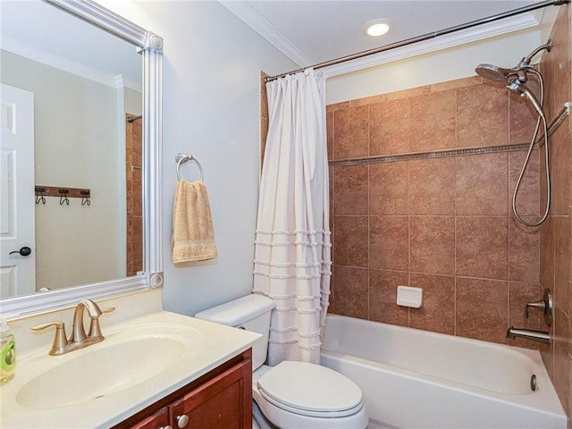 full bathroom featuring toilet, vanity, shower / bath combination with curtain, and ornamental molding