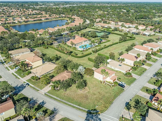 bird's eye view with a water view