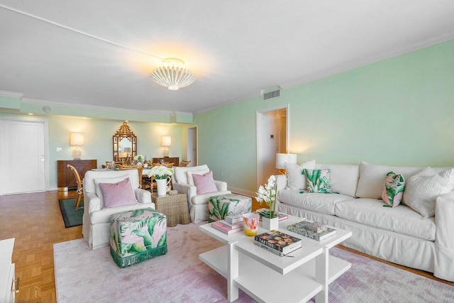 living room with light parquet floors and ornamental molding