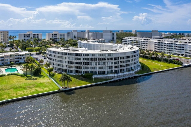 drone / aerial view with a water view