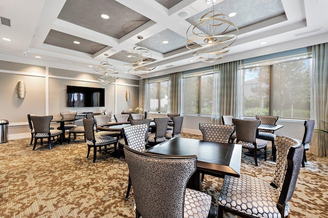 dining room with an inviting chandelier, light colored carpet, and coffered ceiling