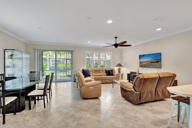 tiled living room featuring crown molding and ceiling fan