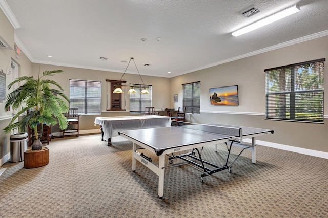 rec room with crown molding and carpet floors