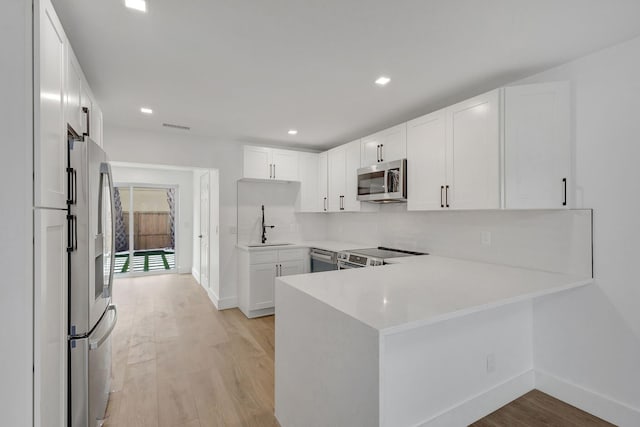 kitchen featuring stainless steel appliances, decorative backsplash, white cabinets, and kitchen peninsula