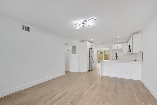 unfurnished living room featuring sink, electric panel, and light wood-type flooring