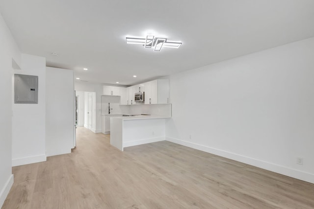 unfurnished living room with electric panel and light hardwood / wood-style floors