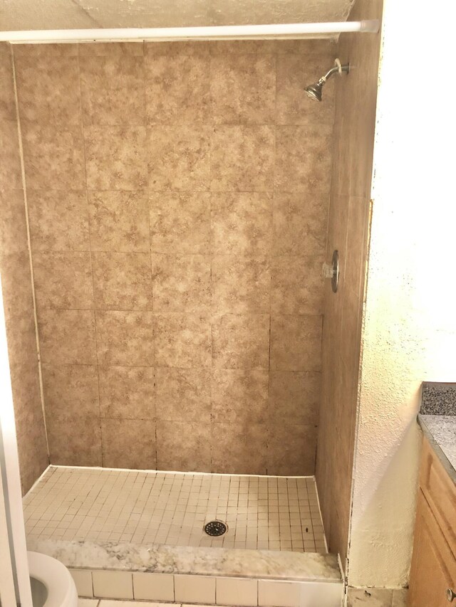 bathroom with toilet, vanity, and a tile shower