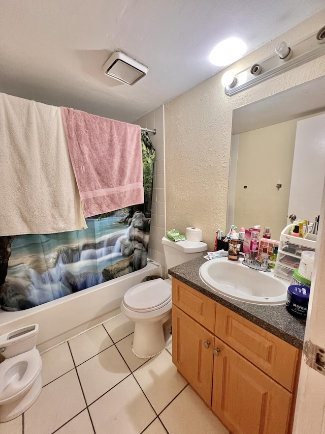 full bathroom with toilet, vanity, tile patterned floors, and shower / bathtub combination with curtain