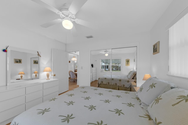 bedroom featuring a closet and ceiling fan