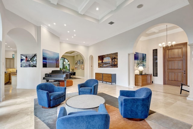 living room featuring coffered ceiling, a chandelier, beam ceiling, and a high ceiling