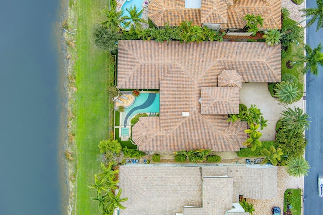 drone / aerial view featuring a water view