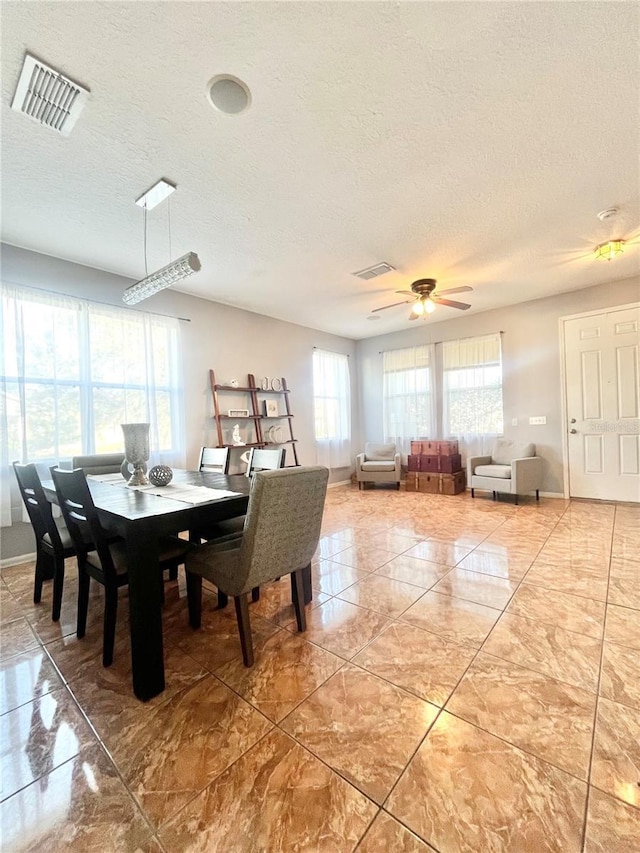 dining area featuring ceiling fan and a textured ceiling