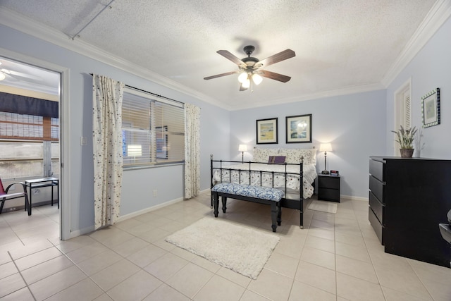 bedroom featuring crown molding, ceiling fan, a textured ceiling, and light tile patterned floors