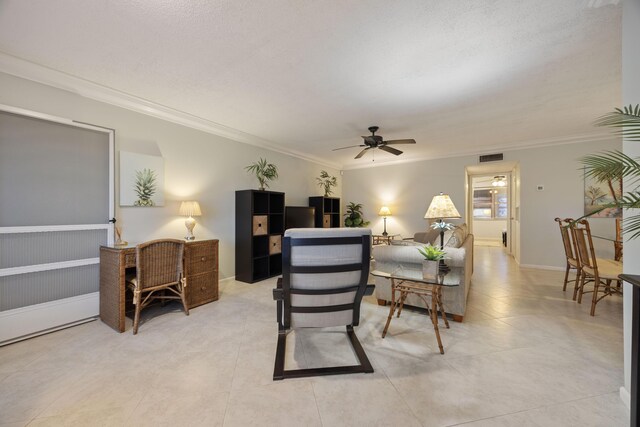 living room featuring light tile patterned flooring, ornamental molding, and a textured ceiling