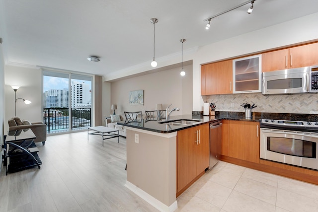 kitchen with hanging light fixtures, sink, kitchen peninsula, floor to ceiling windows, and stainless steel appliances