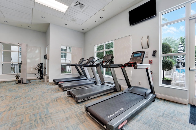 workout area featuring carpet floors and a high ceiling