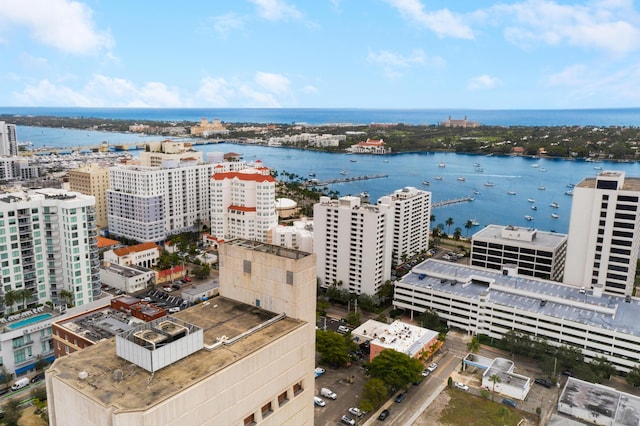 bird's eye view with a water view