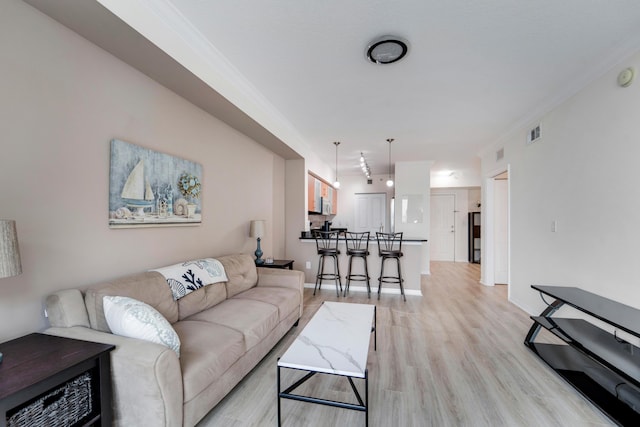 living room featuring rail lighting, light hardwood / wood-style floors, and crown molding