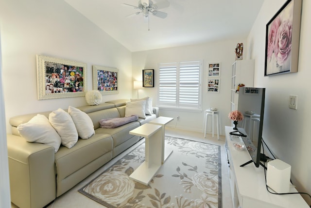 living room with lofted ceiling and ceiling fan