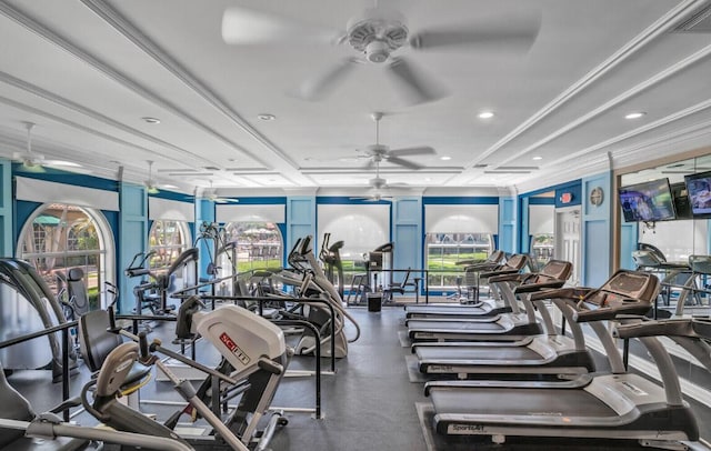 exercise room with ceiling fan, a healthy amount of sunlight, and crown molding