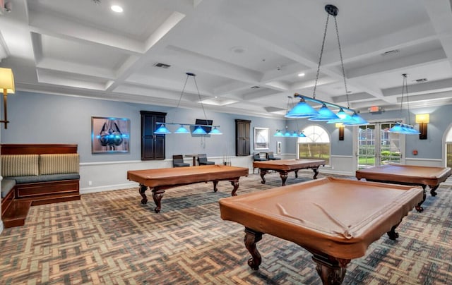 game room featuring beam ceiling, coffered ceiling, and billiards