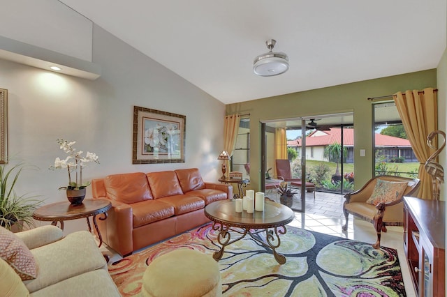 tiled living room with vaulted ceiling