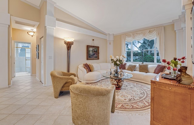 tiled living room featuring crown molding and vaulted ceiling