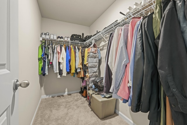 walk in closet with light carpet