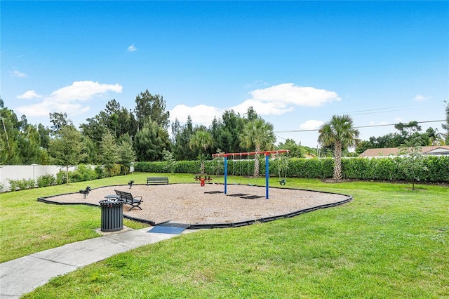 view of jungle gym with a yard