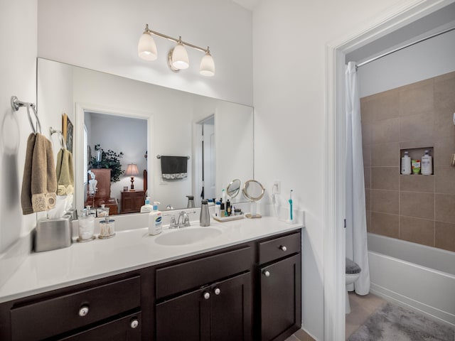 bathroom with vanity and shower / tub combo with curtain