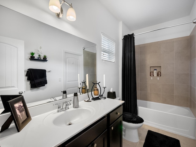 full bathroom with vanity, toilet, shower / bath combo, and tile patterned flooring