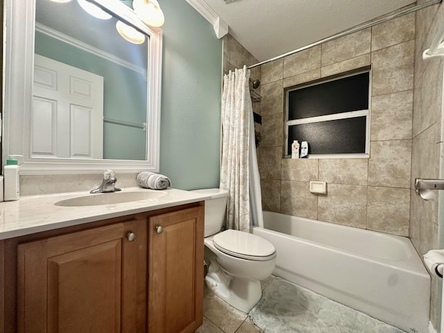 full bathroom with toilet, ornamental molding, tile patterned flooring, and shower / bath combination with curtain