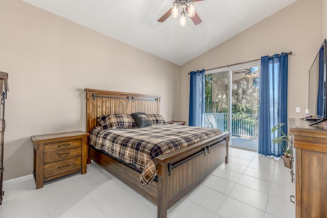1401 SE Glencoe Ct, Port Saint Lucie, FL 34952 - bedroom featuring a ceiling fan, light tile patterned floors, baseboards, lofted ceiling, and access to outside