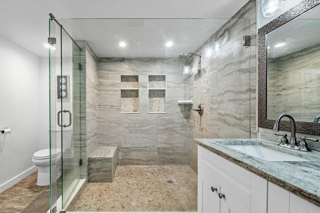 bathroom featuring toilet, vanity, and a shower with shower door