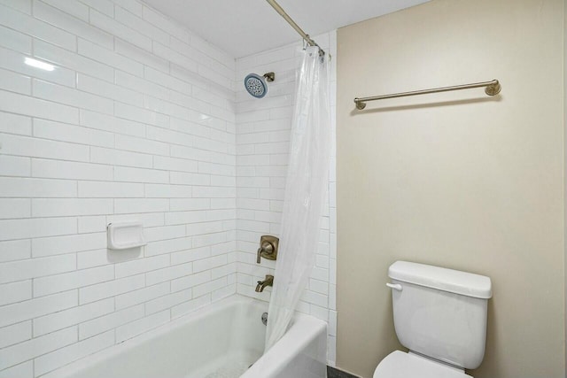 bathroom featuring toilet and shower / bathtub combination with curtain