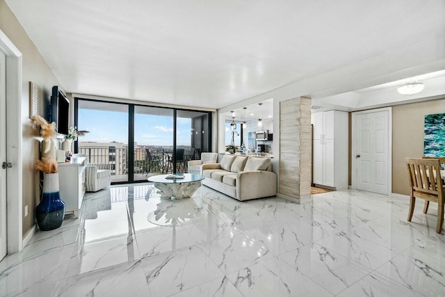 living room featuring expansive windows and decorative columns