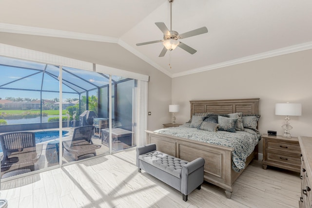 bedroom with lofted ceiling, light hardwood / wood-style flooring, ceiling fan, ornamental molding, and access to outside