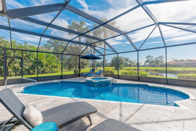 view of swimming pool with a lanai, a patio area, an in ground hot tub, and a water view