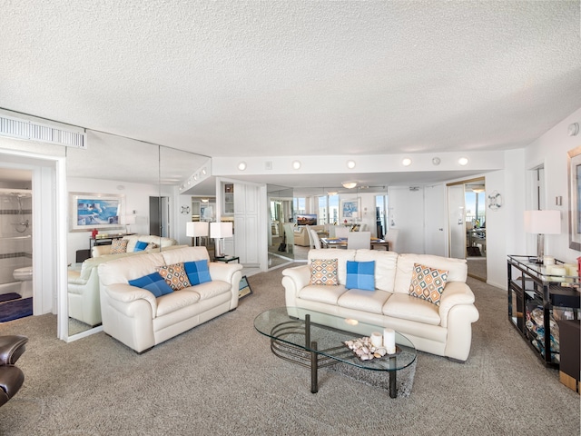 living room with a textured ceiling and carpet floors