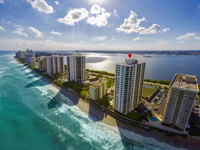 aerial view with a beach view and a water view